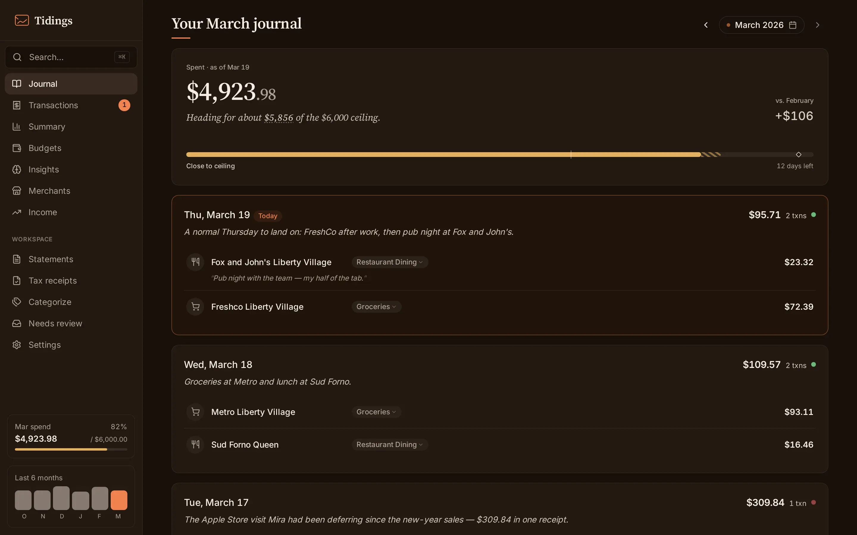 The journal: a month of spending grouped by day, newest first, each day with its own total.
