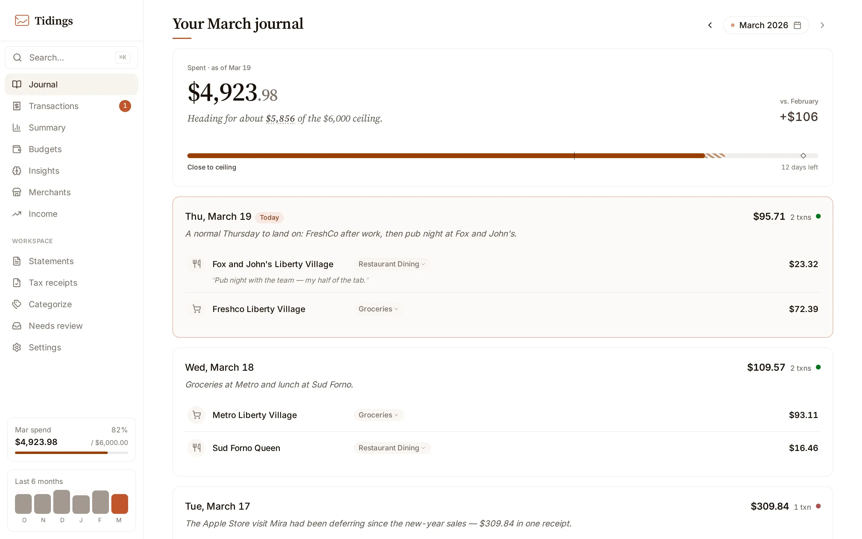 The journal: a month of spending grouped by day, newest first, each day with its own total.