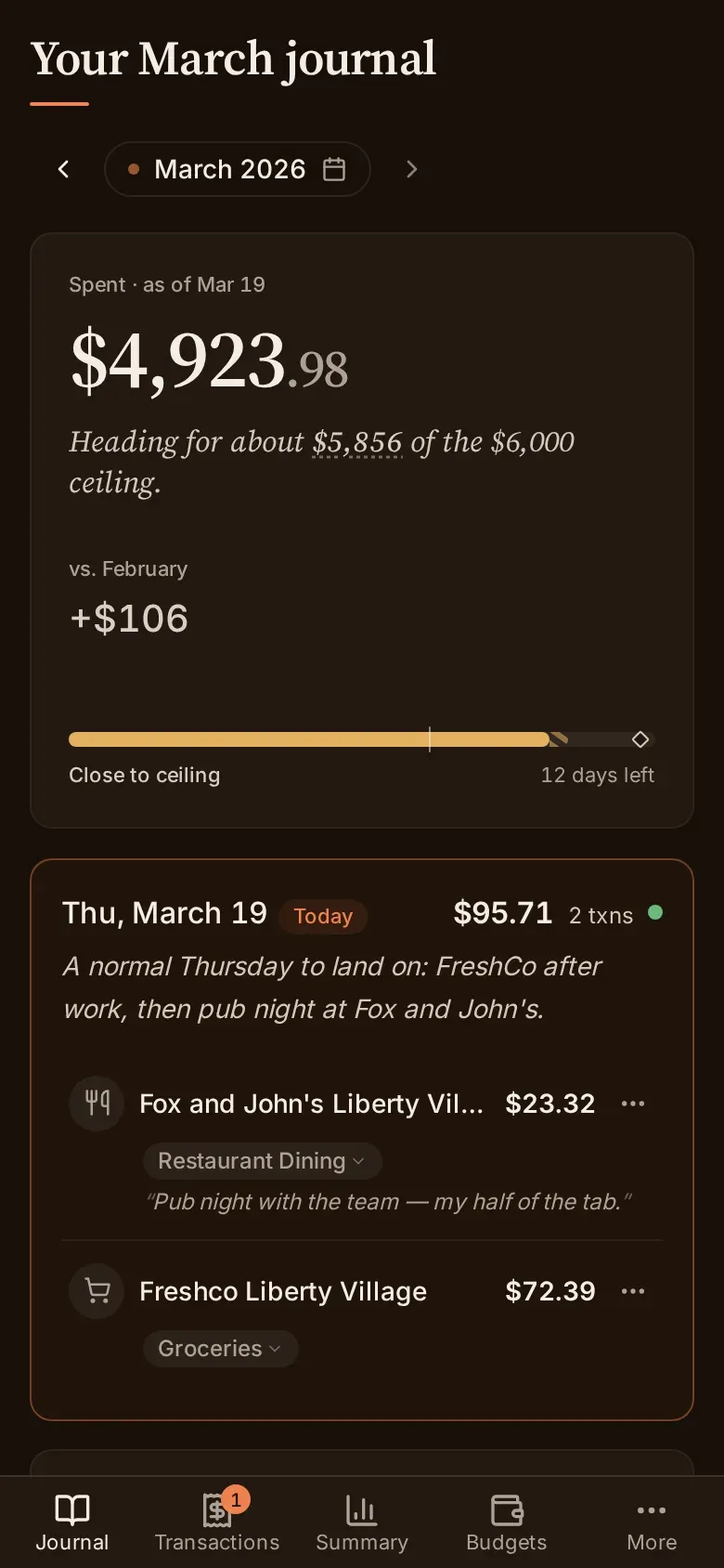 The journal on a narrow screen, one column of days with a bottom navigation bar.