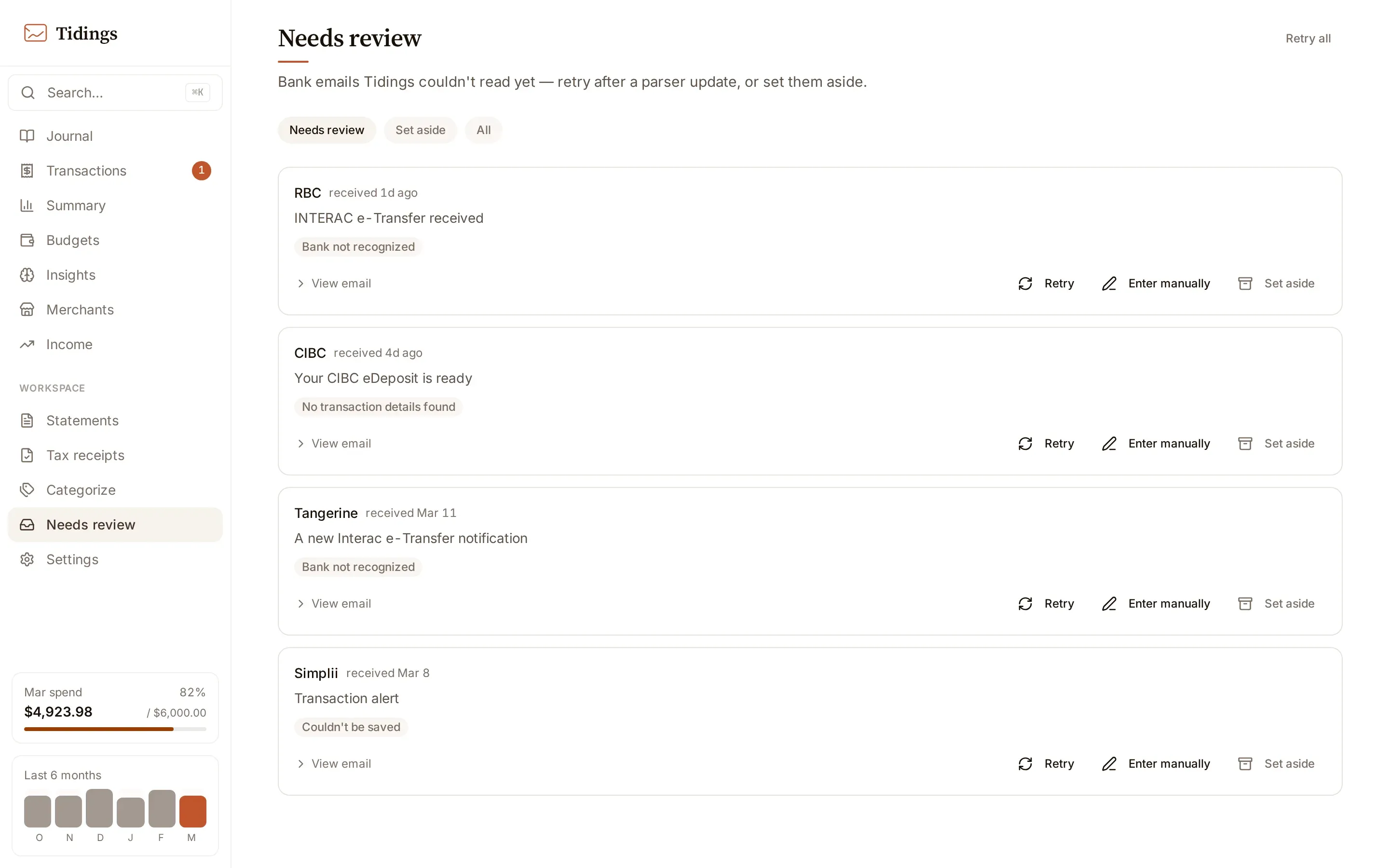 The Needs review page listing quarantined bank emails with retry and set-aside actions.