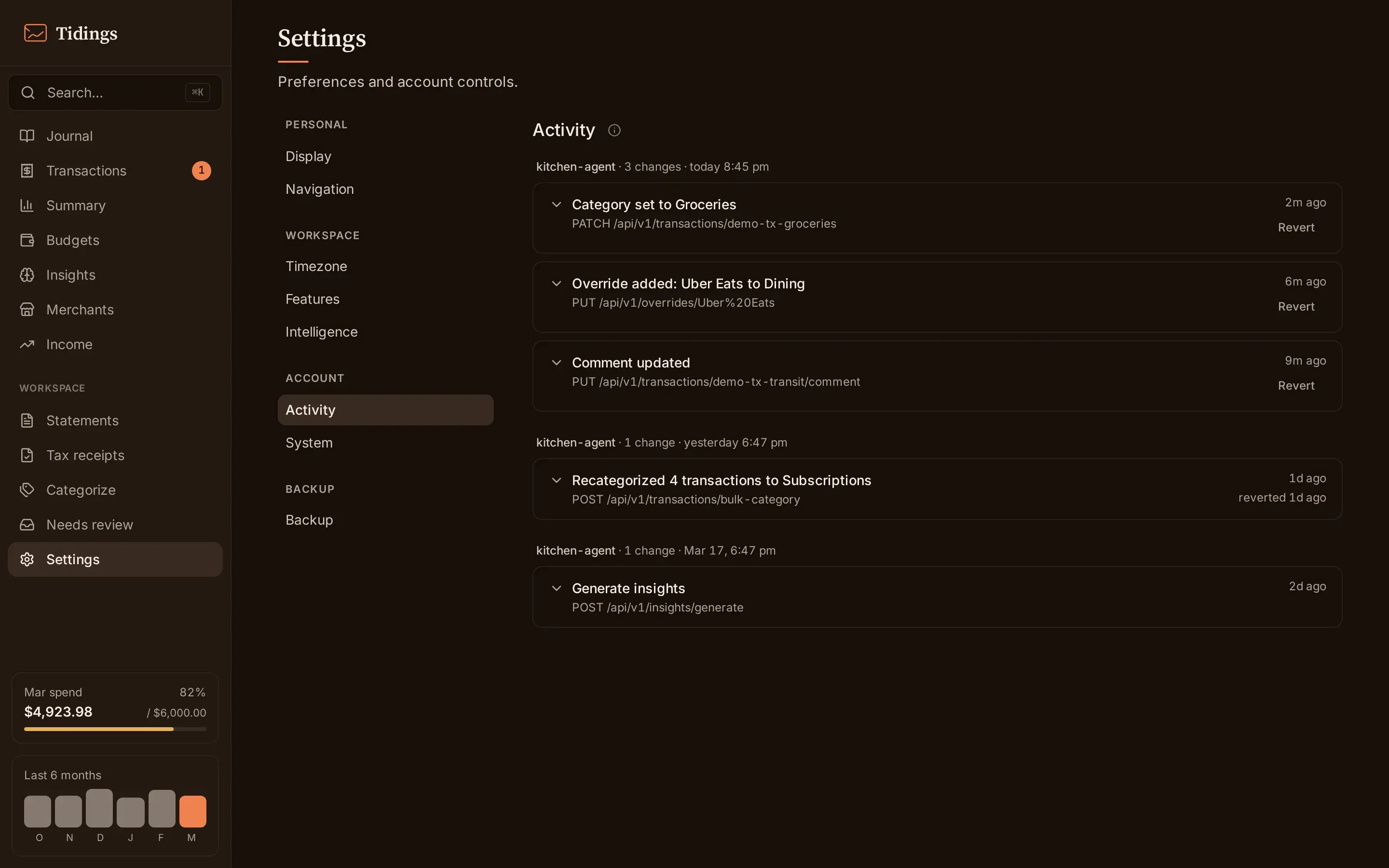 The Settings page open to the Activity section, showing recorded writes from an agent token grouped by time, with per-entry revert.