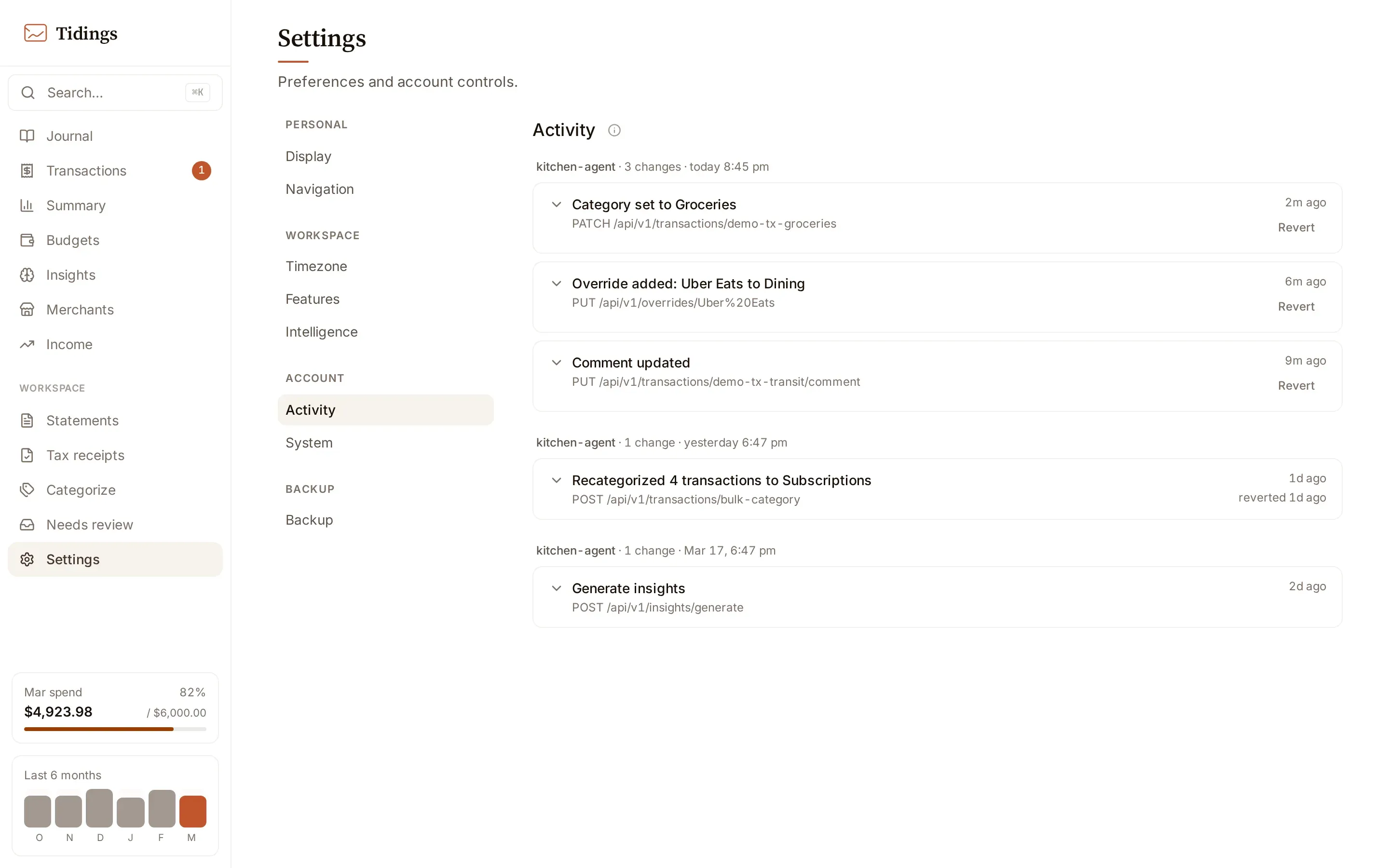 The Settings page open to the Activity section, showing recorded writes from an agent token grouped by time, with per-entry revert.